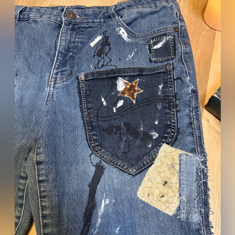 Upcycled Paint-Splattered Patchwork Jeans Distres… - image 8